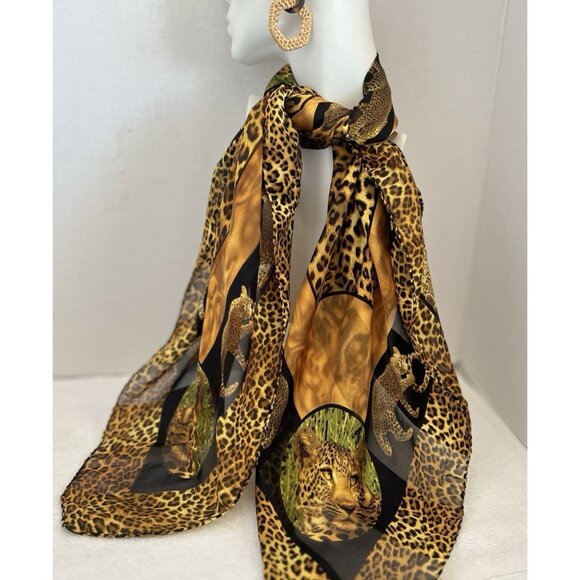 Leopard Silk Scarf Animal Print Square Safari 33" x 33" Bordered Hand Rolled Hem - Picture 2 of 12